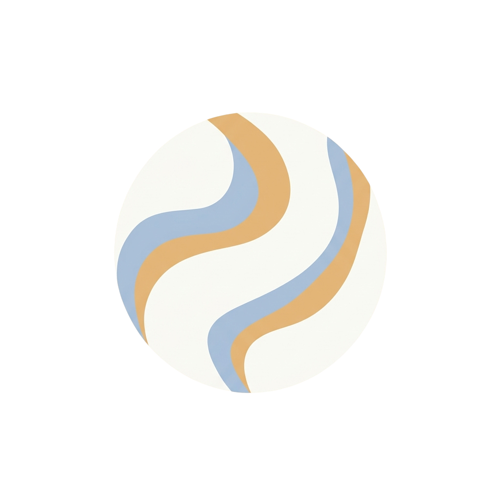 A circular graphic featuring smooth, flowing wavy lines in light beige and blue tones on a white background