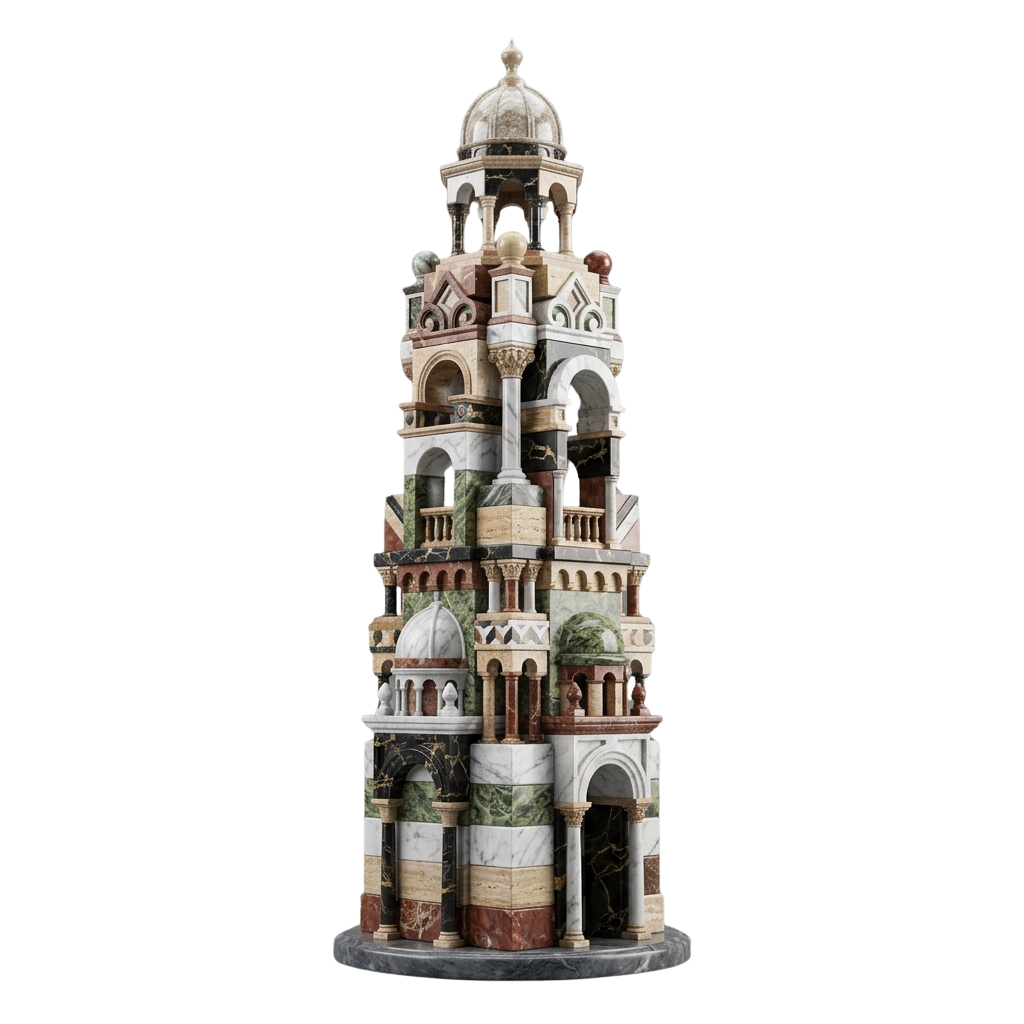 A detailed miniature tower sculpture made of marble with multiple levels, arches, and domed roof.