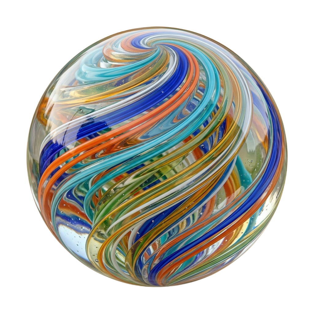 A vibrant glass sphere with intricate swirling patterns in blue, orange, green, and white