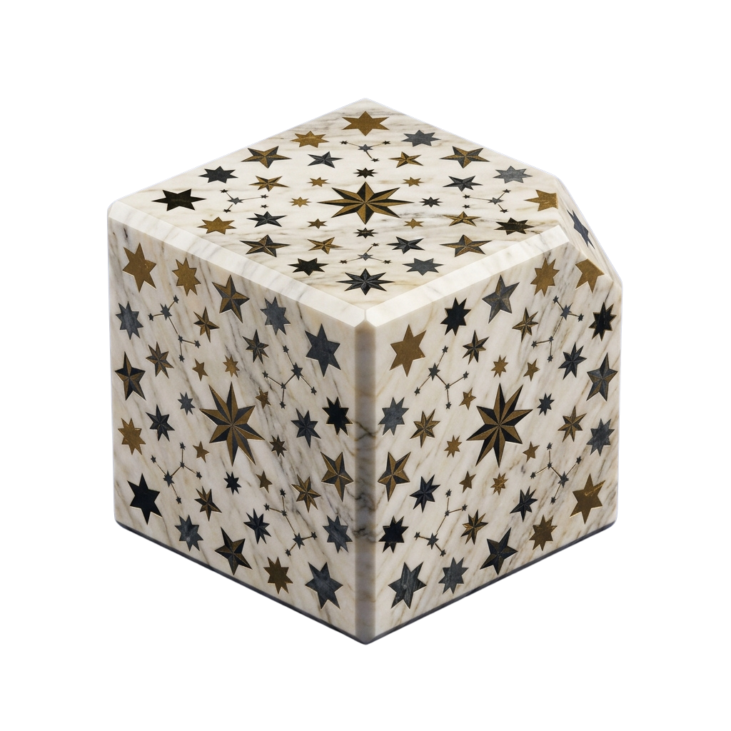 A cube with a light wood base and star-shaped metallic inlays in gold and dark tones