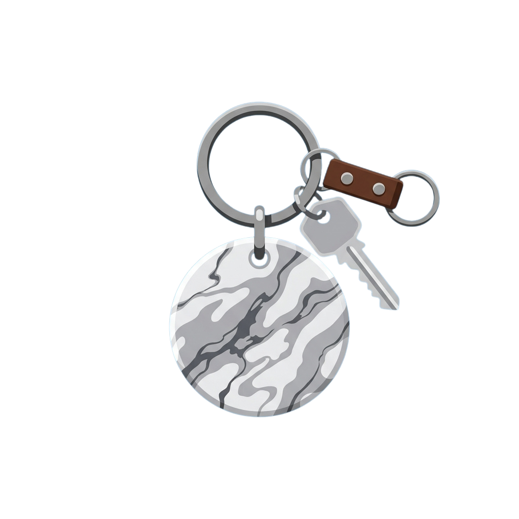 Keychain featuring a circular camouflage design with attached keys and a leather keyring.