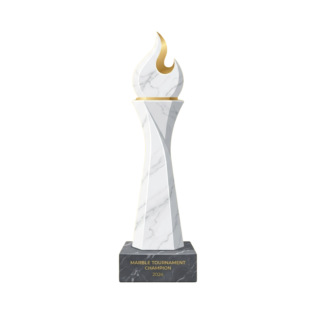 Award trophy for marble tournament champion featuring a flame design on a marble base with 2024 inscription