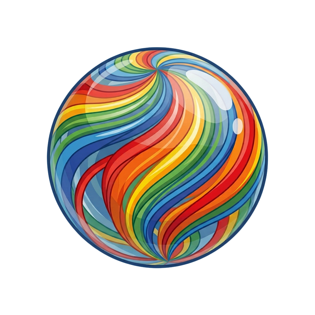 A vibrant circular design featuring smooth, flowing swirls in rainbow colors