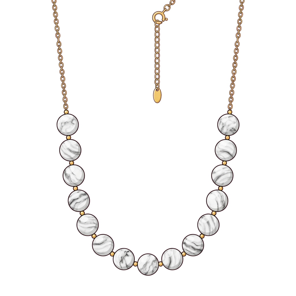 A gold-toned necklace with round marble-effect beads and small gold connectors.
