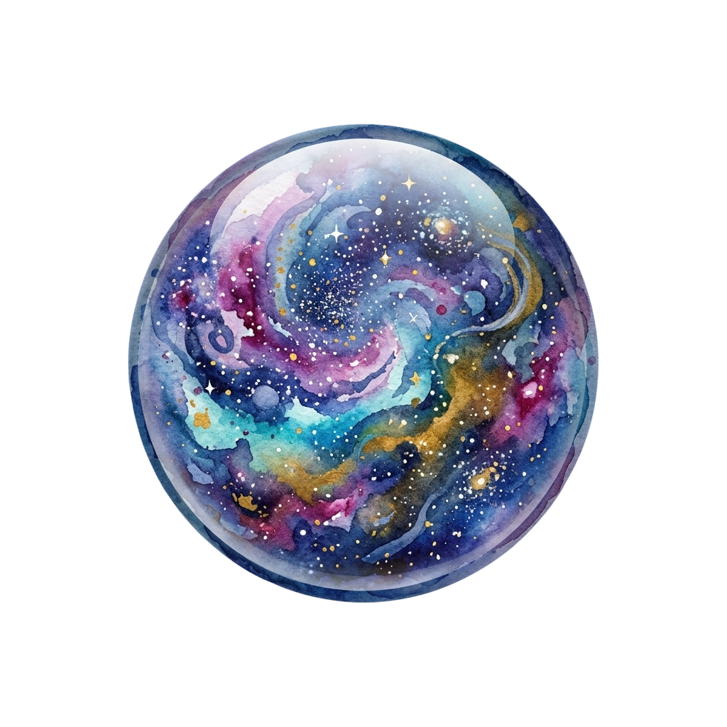 A vibrant watercolor galaxy swirling with blues, purples, and pinks on a black background