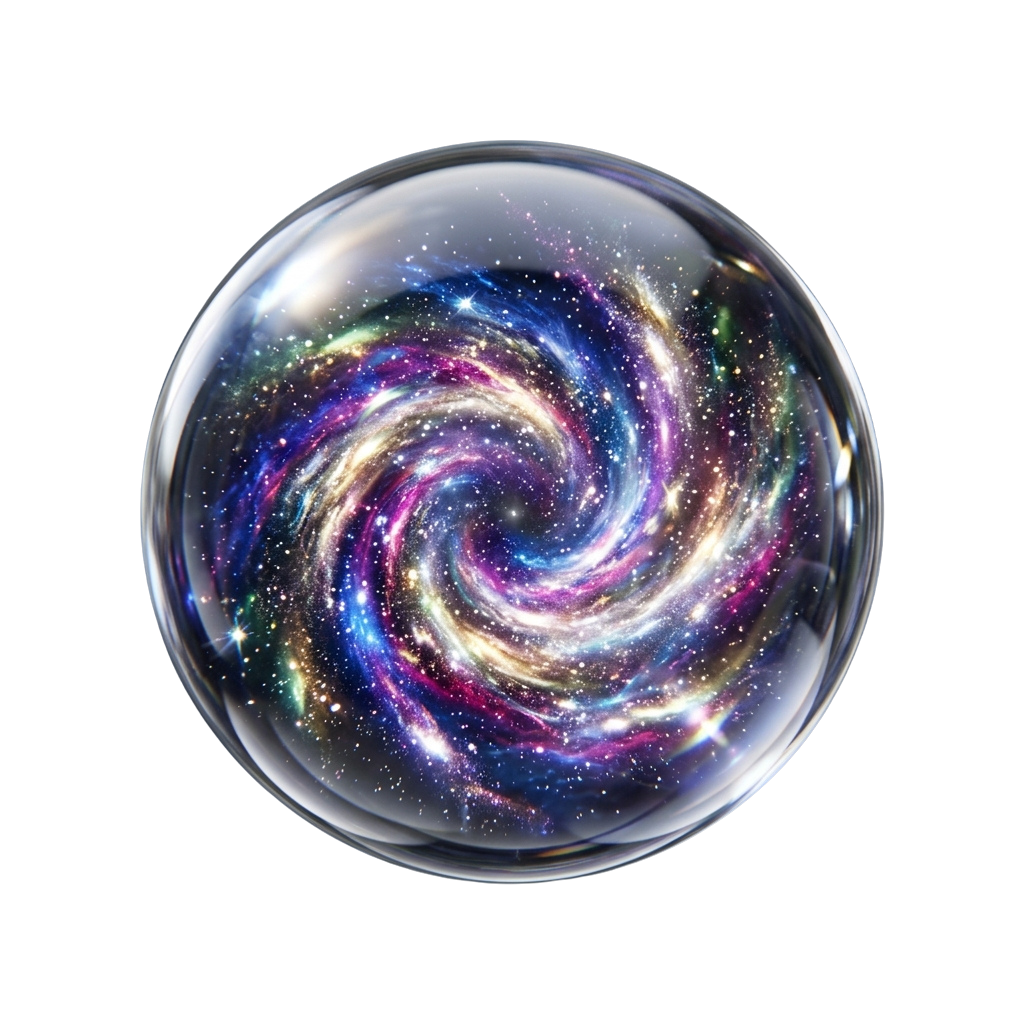 A transparent globe containing a colorful swirling galaxy with stars and vibrant cosmic elements