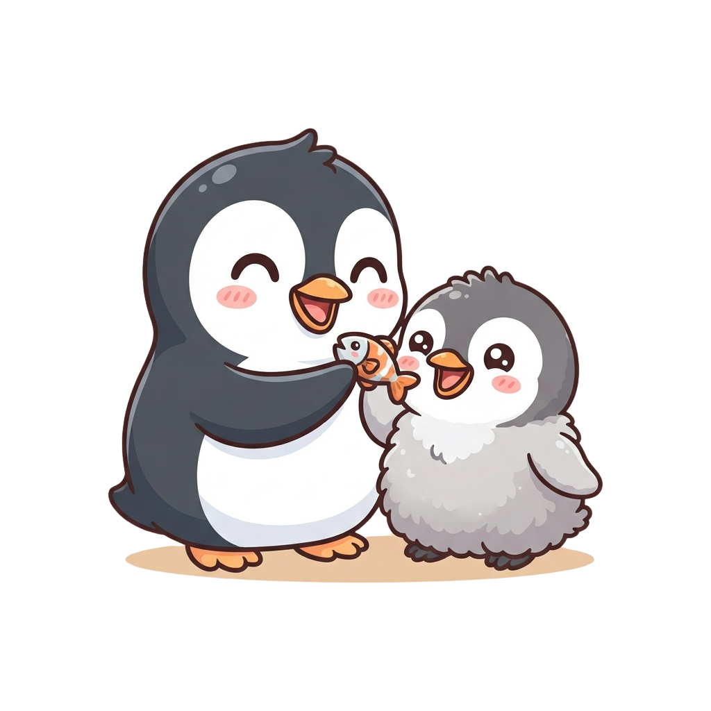 A smiling adult penguin feeding a small chick with fish on a dark background