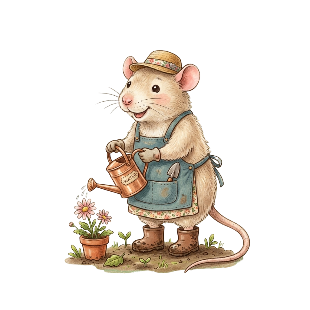A smiling cartoon mouse wearing overalls and a hat waters a small potted flower with a watering can.