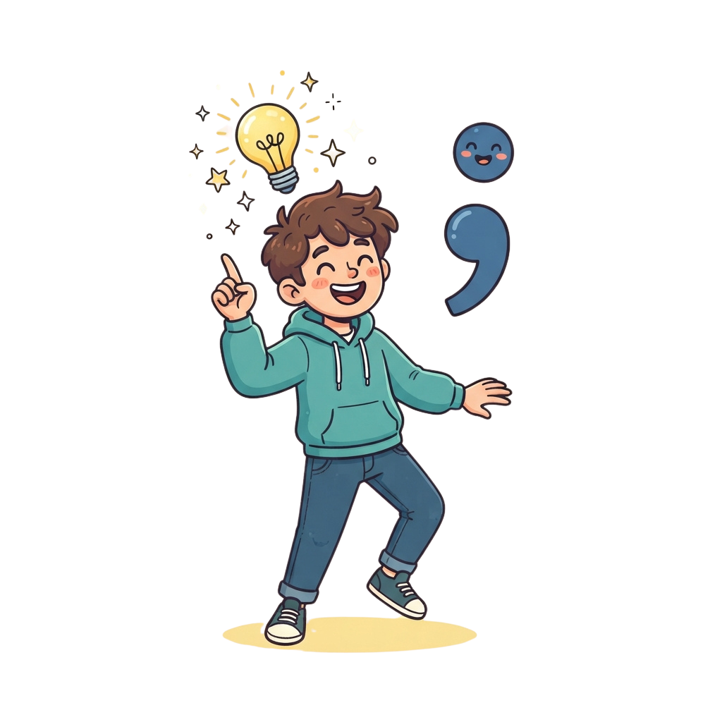 A cheerful child pointing upwards with a glowing lightbulb above their head, smiling and excited.