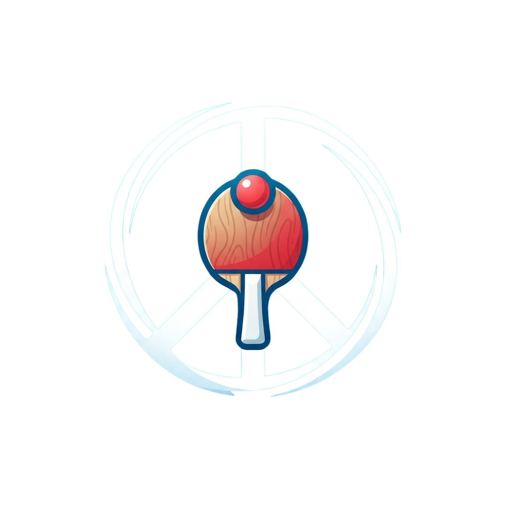 A table tennis paddle with a red ball on top inside a peace symbol outline