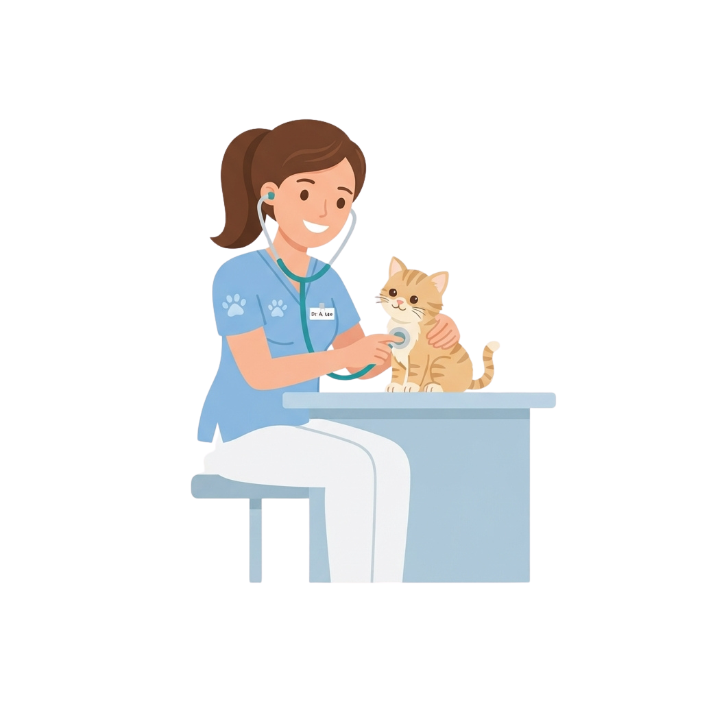 A veterinarian in blue scrubs listening to a kitten's heartbeat with a stethoscope