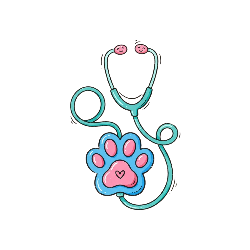 A stylized illustration of a blue paw print with a heart, wrapped in a turquoise stethoscope.