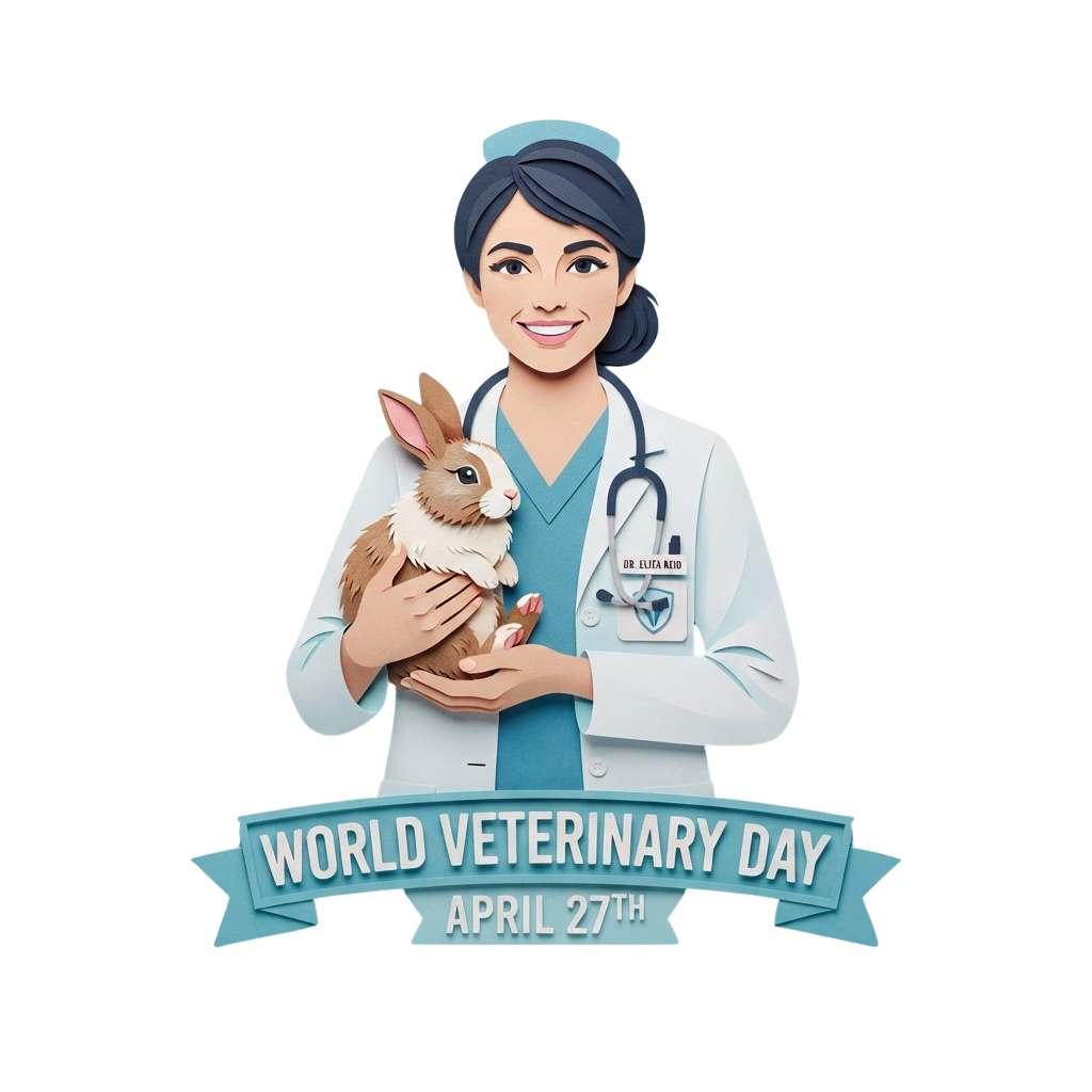 Veterinarian in white coat and stethoscope holding a rabbit celebrating World Veterinary Day on April 27th