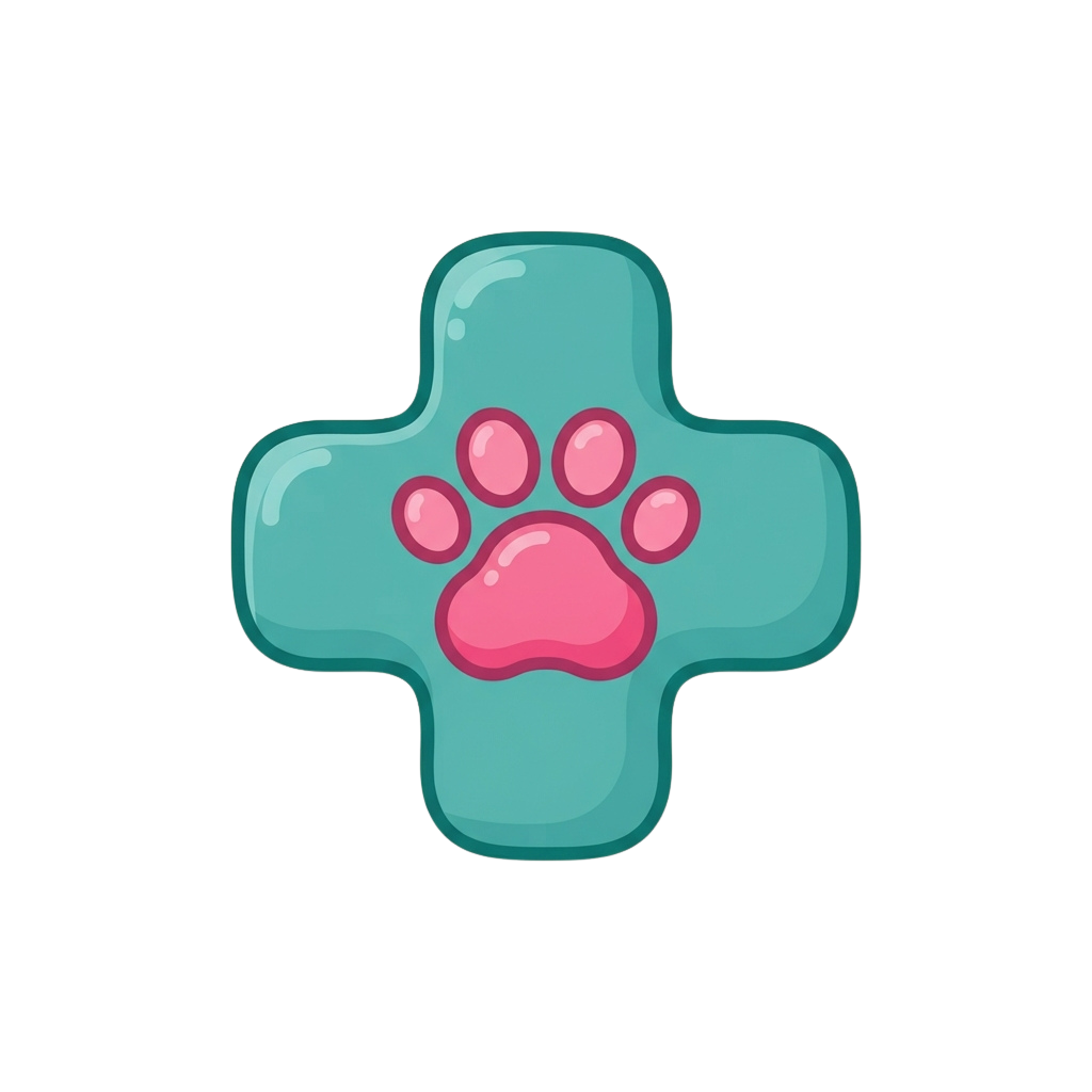 A stylized button icon featuring a pink paw print in the center of a teal cross shape