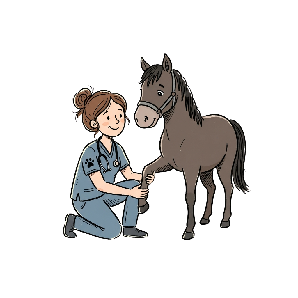 A veterinarian in scrubs kneels and gently holds a horse’s hoof while the horse stands calmly beside her.