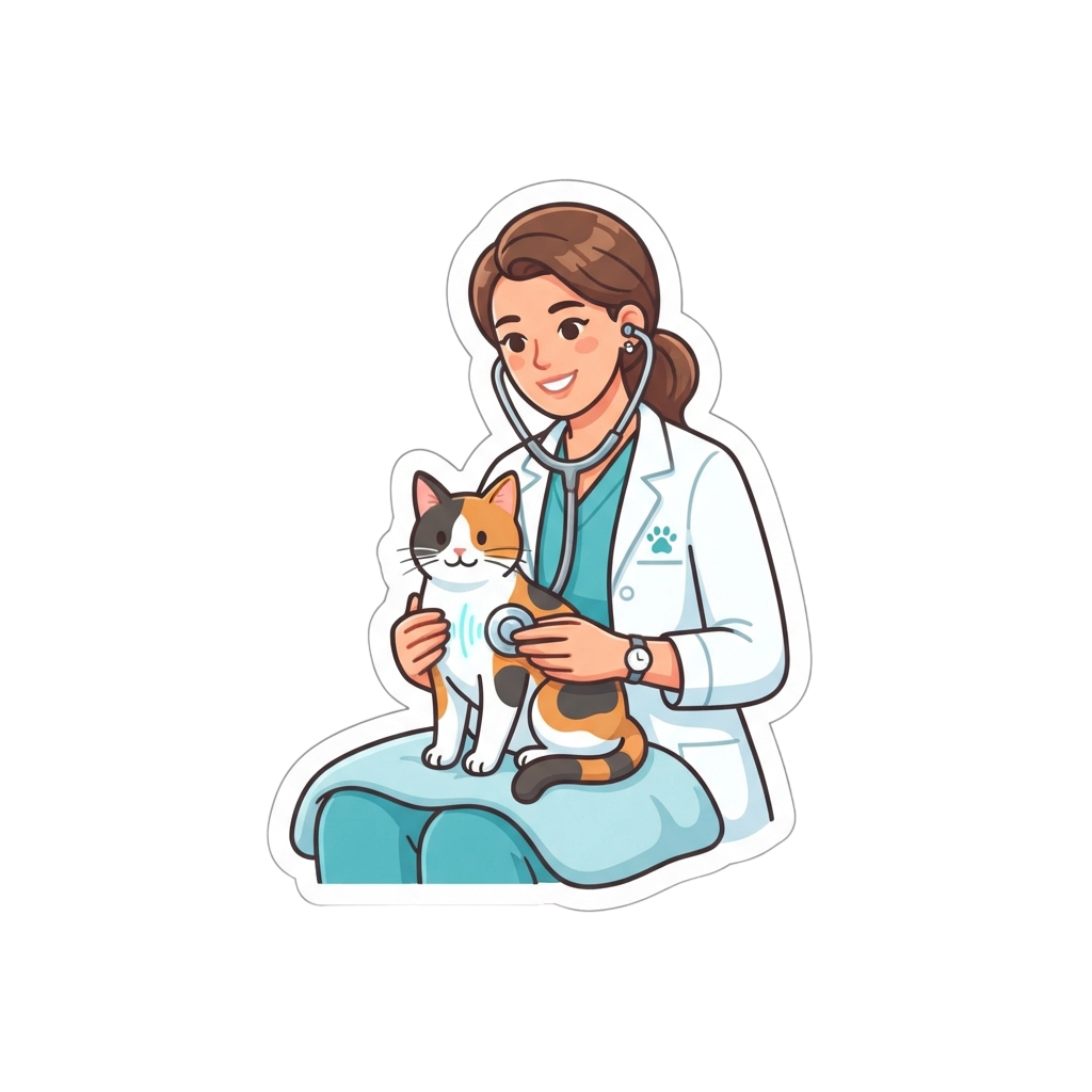 A veterinarian in a white coat with a stethoscope examines a small calico cat sitting on her lap