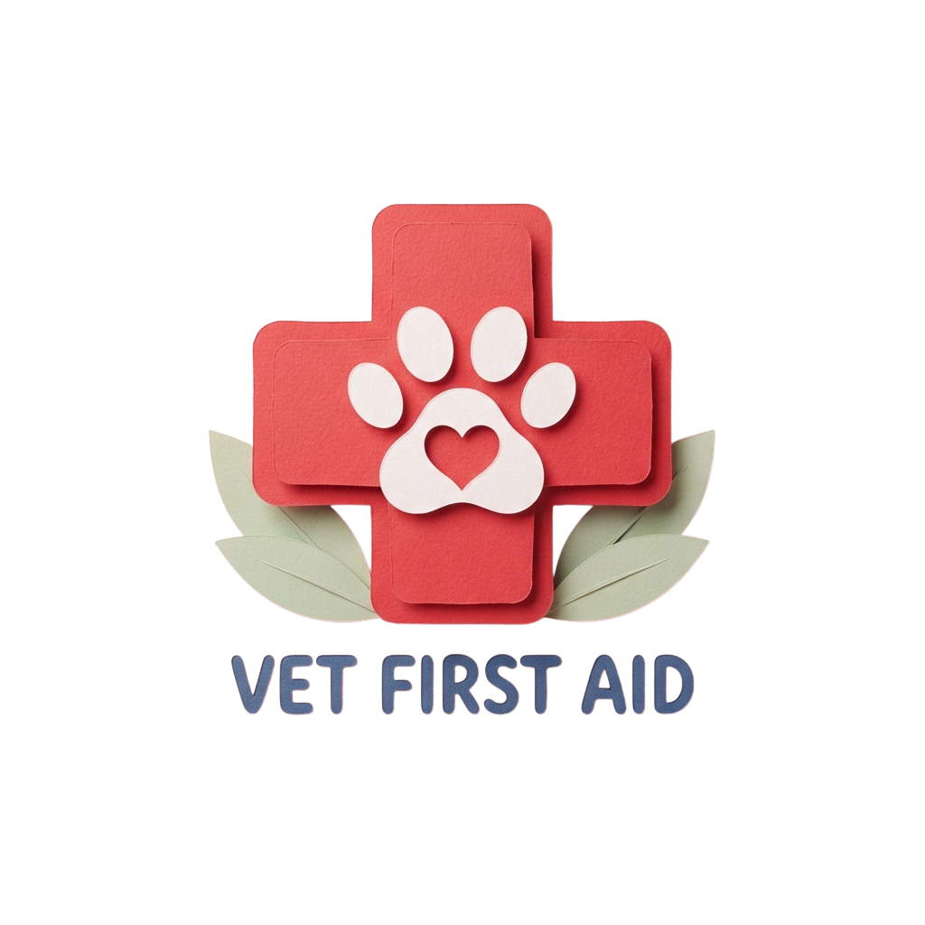 Red medical cross with paw print and heart inside, surrounded by green leaves, text reads Vet First Aid