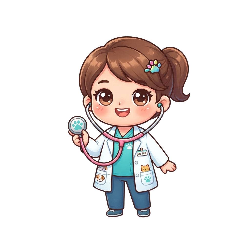 A cheerful cartoon girl dressed as a veterinarian holding a stethoscope with paw prints