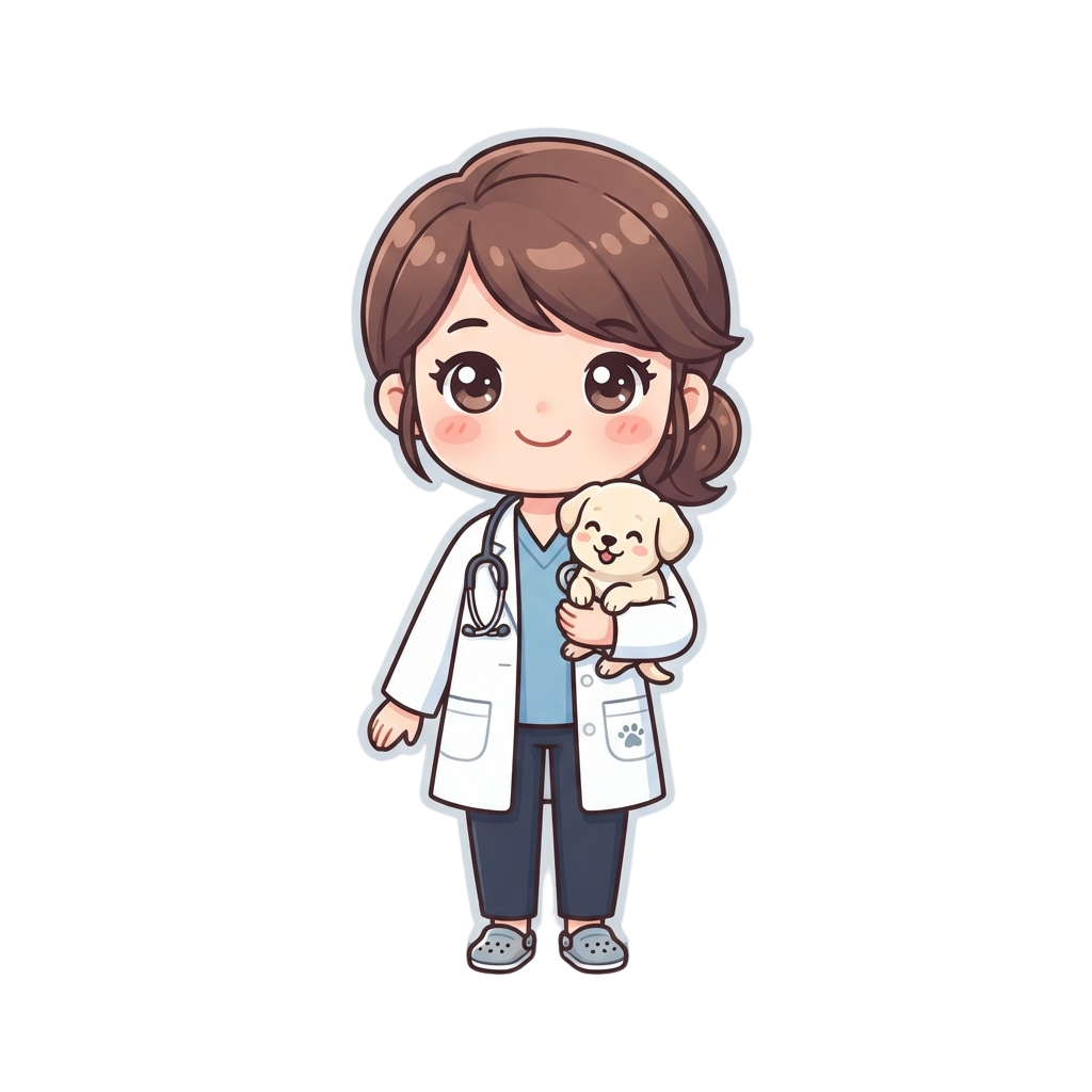 A cartoon veterinarian in a white coat holding a small puppy.