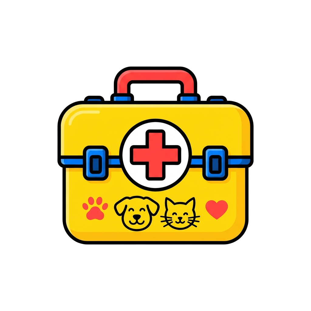 Yellow first aid kit with red cross, paw print, dog, cat, and heart icons on a black background