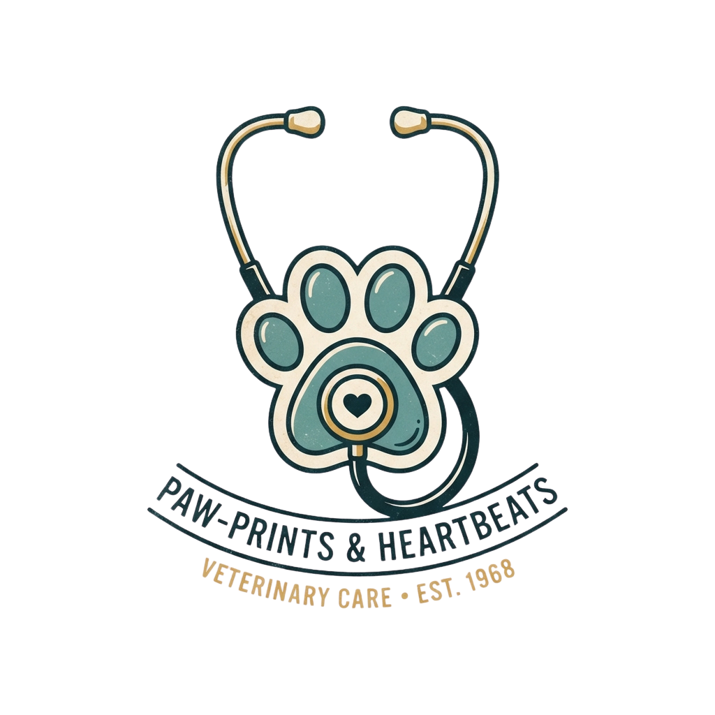 A stylized paw print inside a stethoscope graphic with the text Paw-Prints & Heartbeats Veterinary Care Est 1988