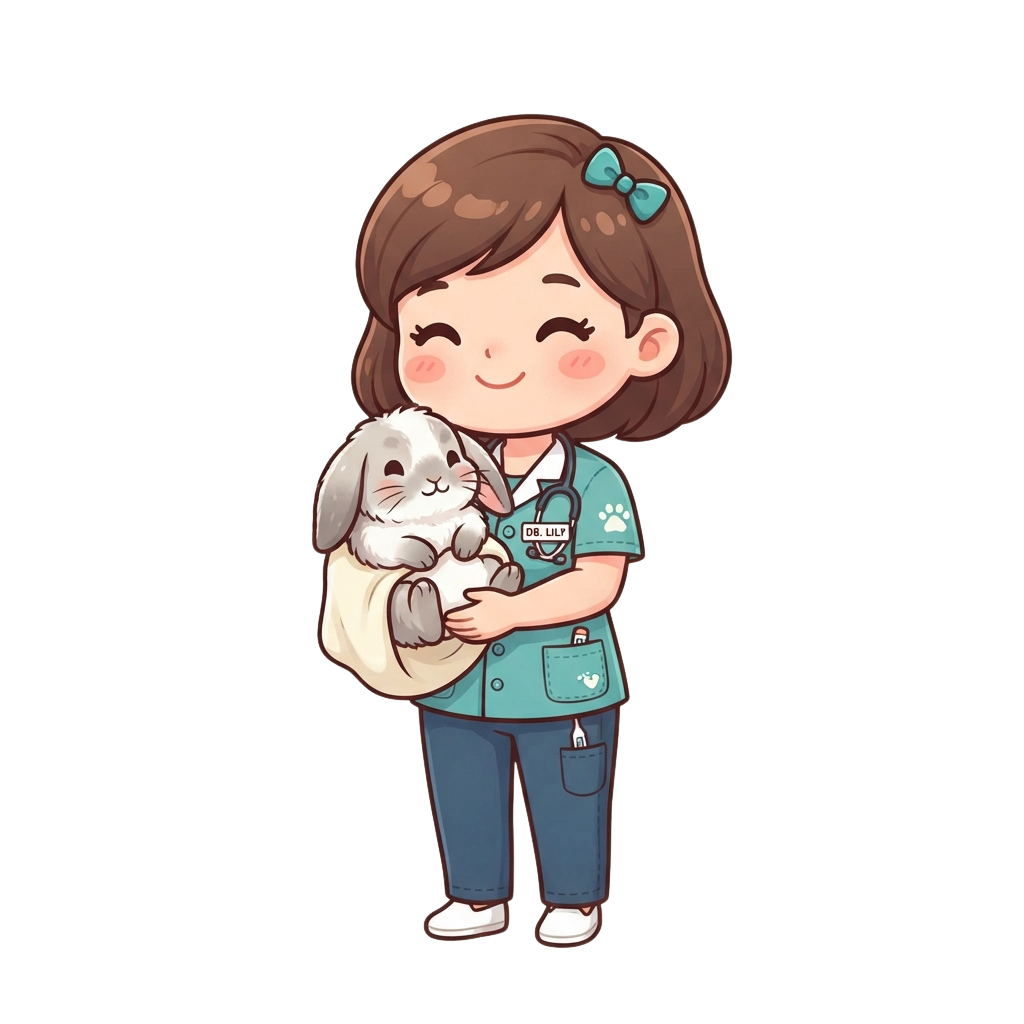 A cartoon vet with a bow in her hair holding a small gray and white bunny