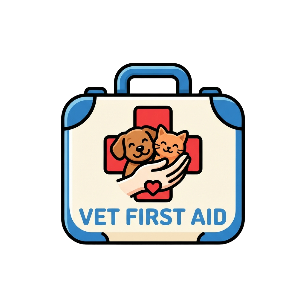 Illustration of a first aid kit featuring a dog and cat being cared for, labeled Vet First Aid