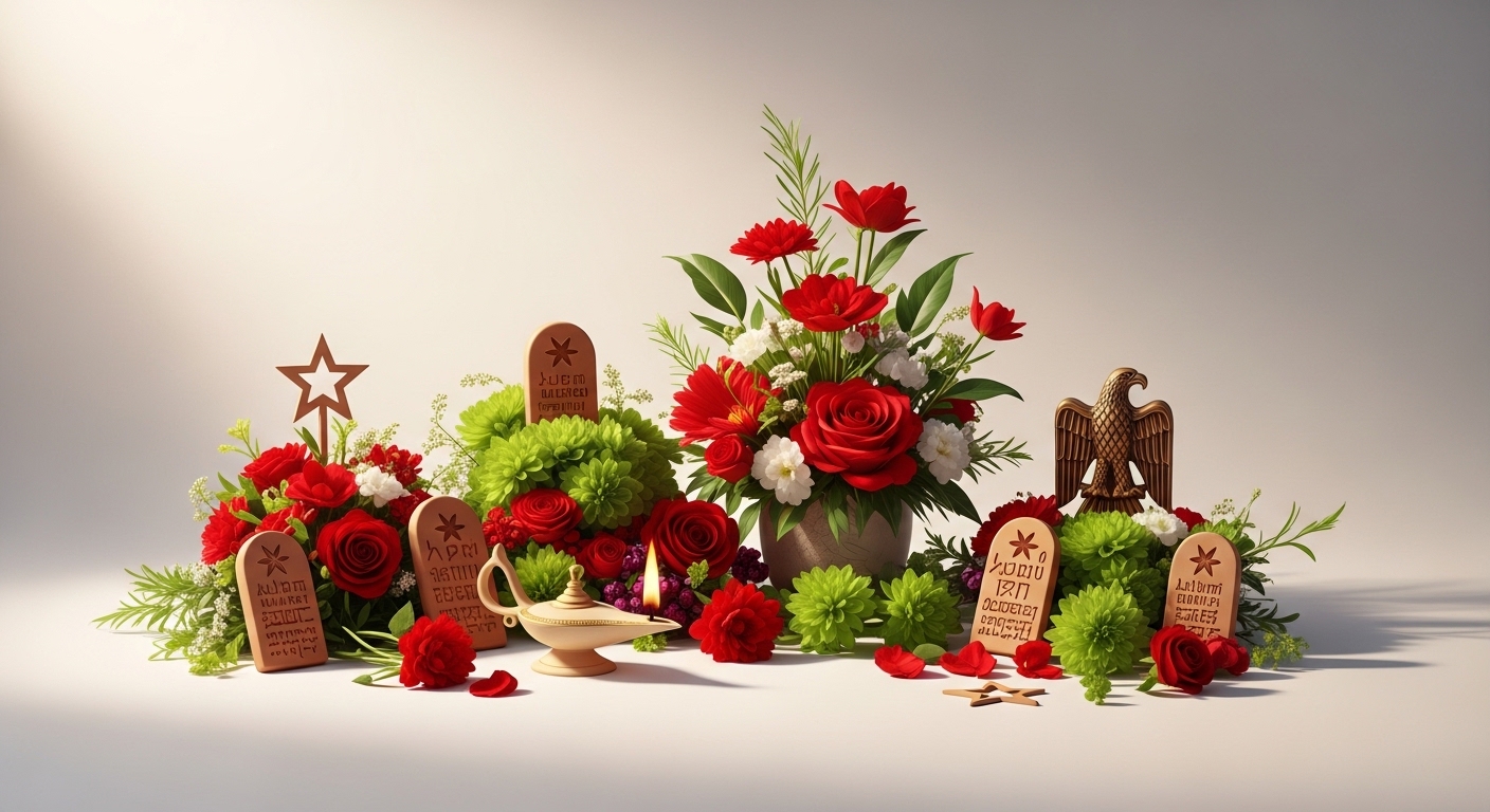 Vibrant Floral Display: Red & Green Flowers, Golden Eagle, Ancient Lamp, Symbolic Tablets on White - Feature Image Apr 02 2