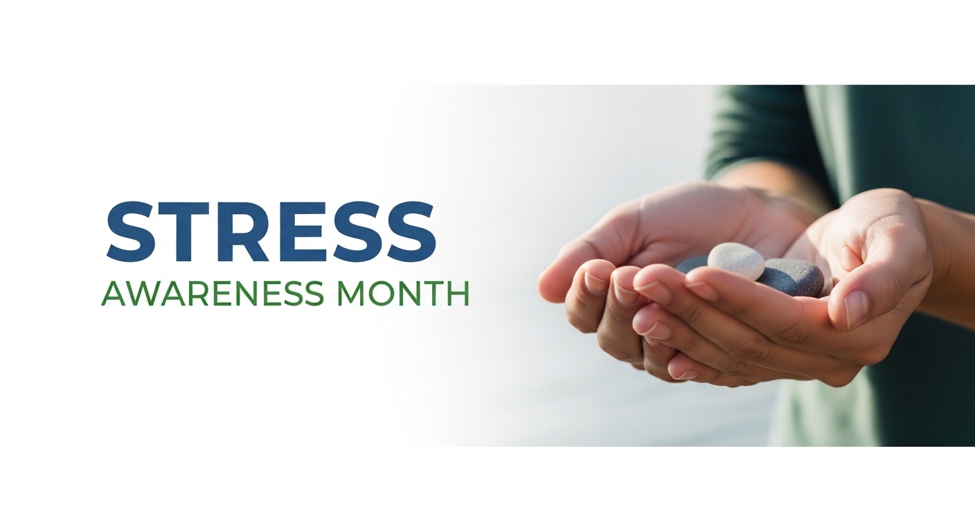 Stress Awareness Month. Hands Holding Pebbles Symbolize Calmness and Mental Well-being - Feature Image Apr 102