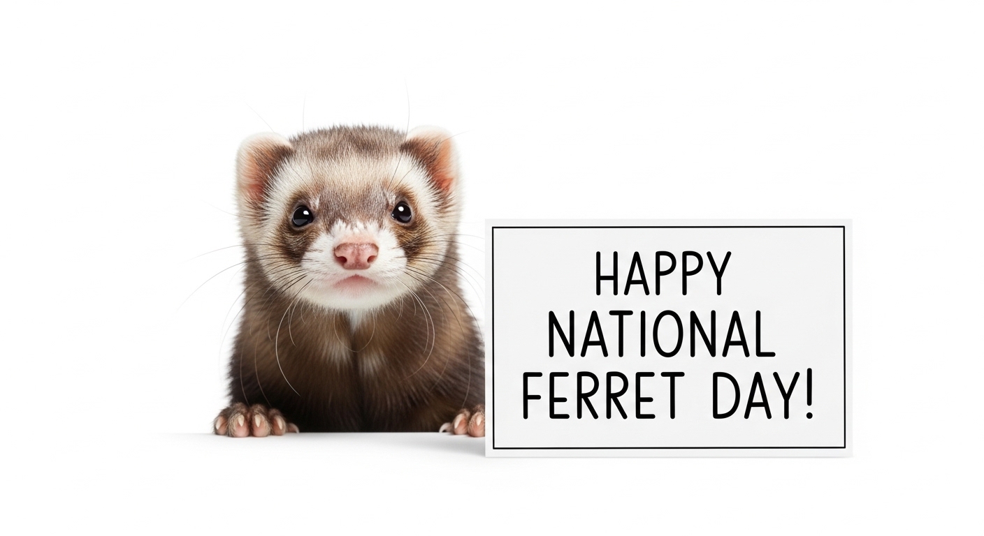 Domestic Ferret with Happy National Ferret Day Sign on White Background - Feature Image Apr 118