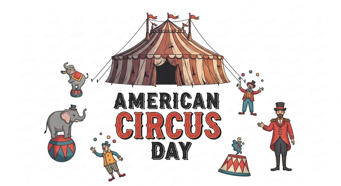 Vintage American Circus Day: Tent, Clowns, Ringmaster, Elephants Illustration - Feature Image Apr 124