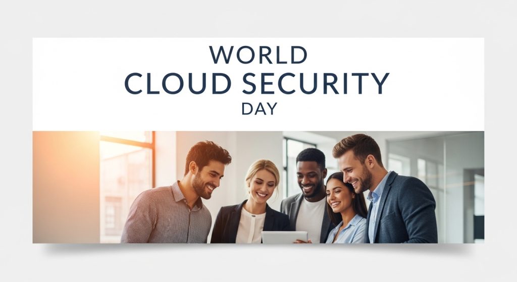World Cloud Security Day concept. Diverse business team collaborates using digital tablet for data protection. - Feature Image Apr 137