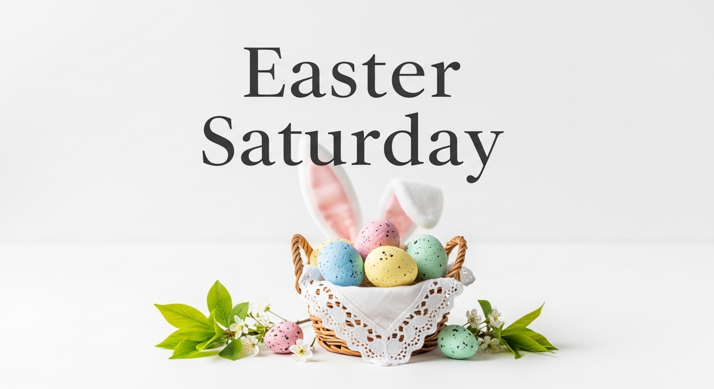 Festive Easter Saturday Display: Colorful Speckled Eggs, Bunny Ears & Spring Blossoms - Feature Image Apr 142