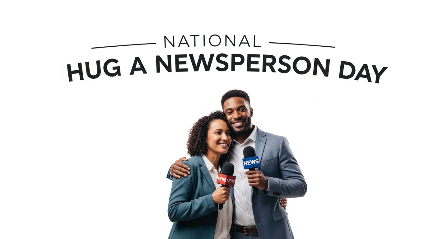 Joyful Journalists Celebrating National Hug A Newsperson Day with Microphones - Feature Image Apr 148