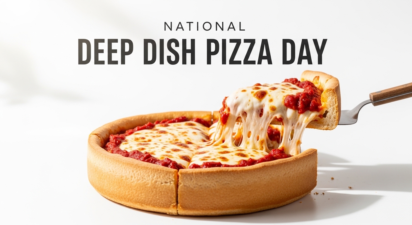 National Deep Dish Pizza Day: Cheesy slice lifted from a savory Chicago style pie with rich sauce. - Feature Image Apr 164