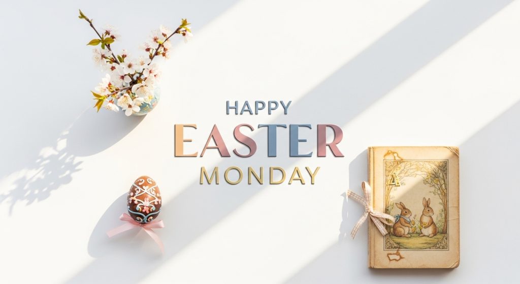 Happy Easter Monday Greeting with Spring Flowers, Decorated Egg, and Rabbit Book - Feature Image Apr 181