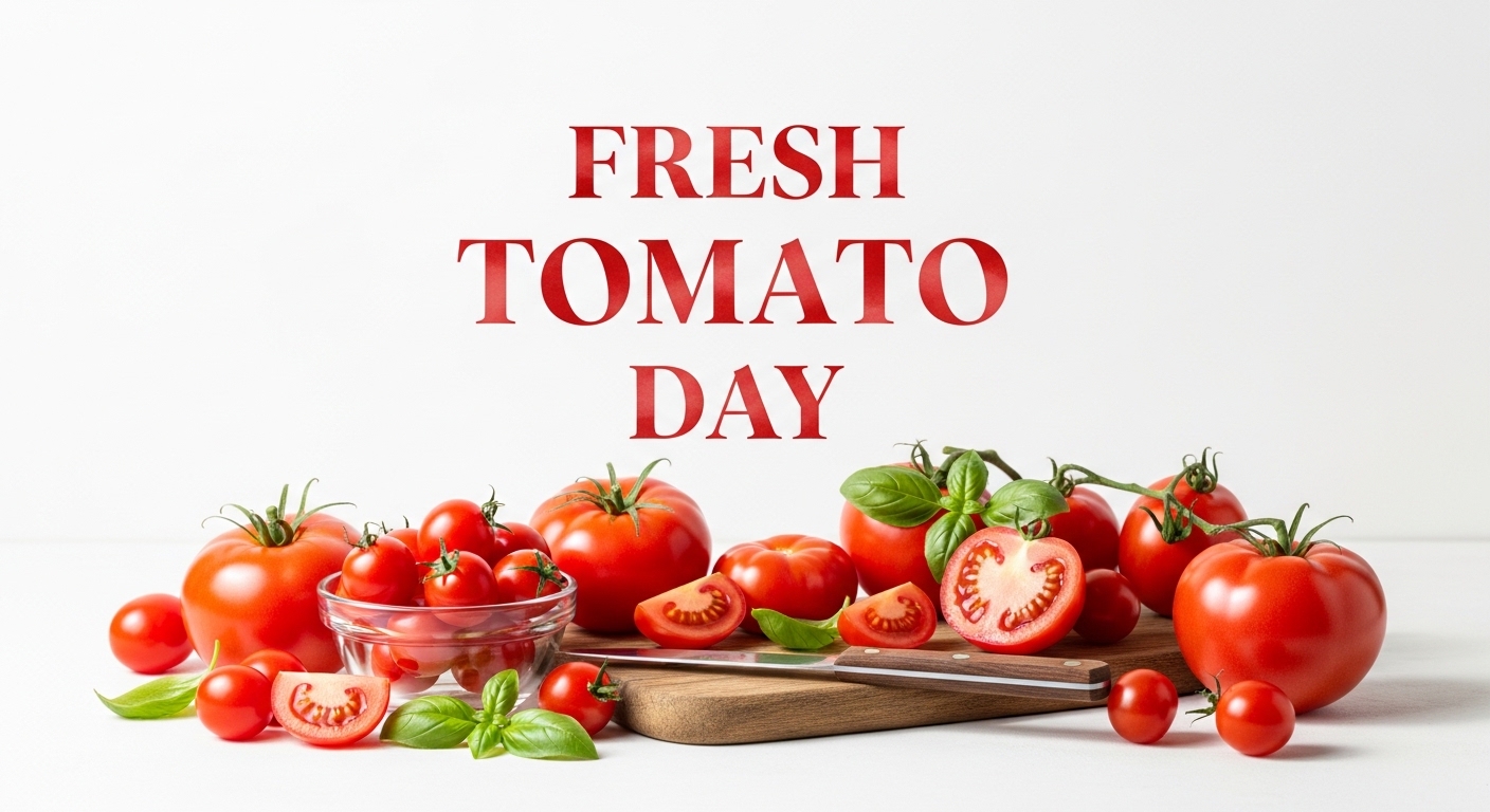 Fresh Tomato Day Celebration. Ripe Red Tomatoes, Basil, Slices, and Whole Vegetables on White. - Feature Image Apr 183