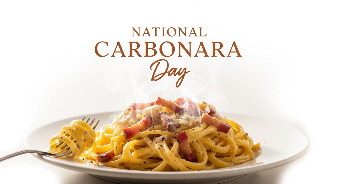 National Carbonara Day: Hot Steaming Carbonara Pasta Dish with Savory Pancetta, Creamy Sauce, and Pepper - Feature Image Apr 188
