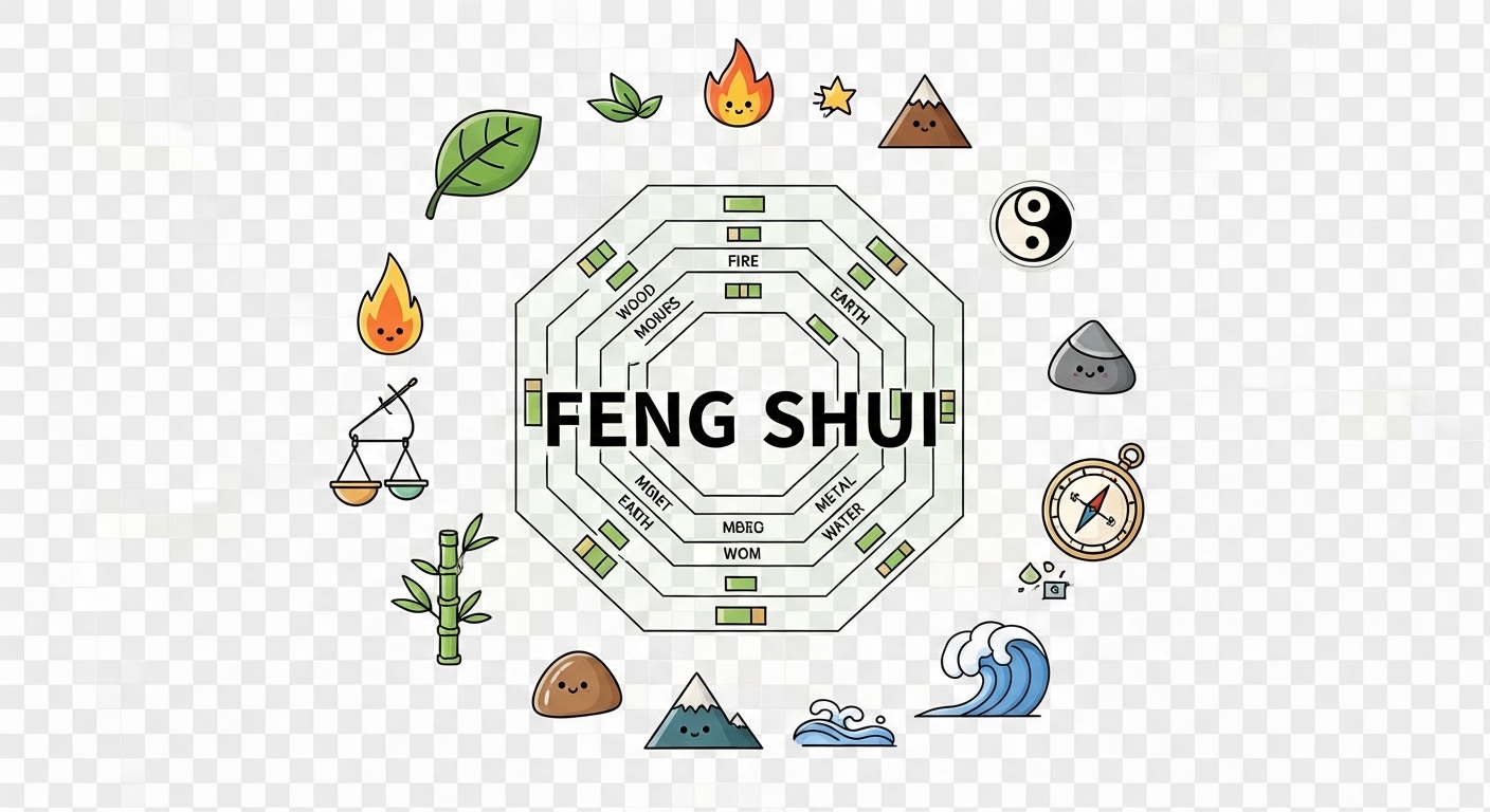 Feng Shui Elements & BaGua Diagram: Harmony, Balance & Life Energy Concept Illustration - Feature Image Apr 218