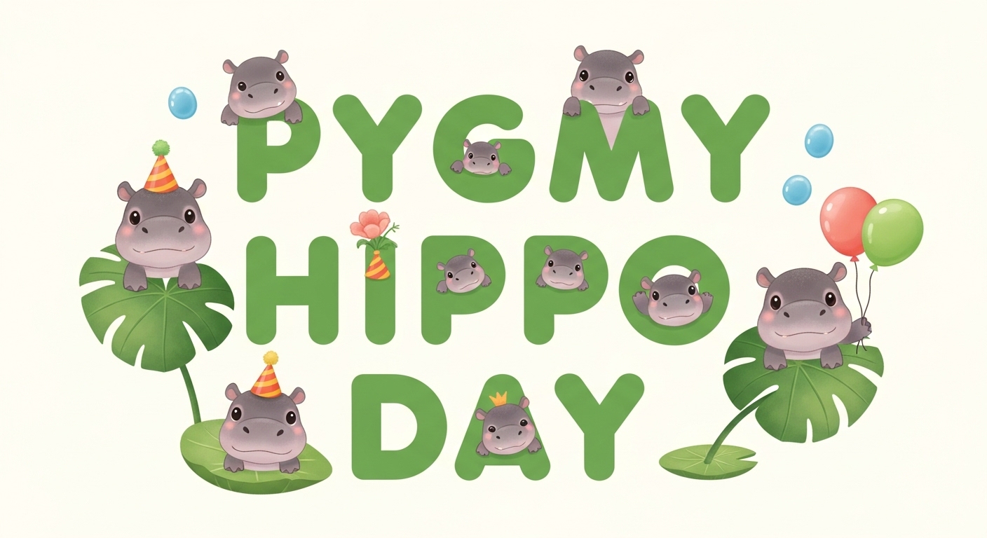 Pygmy Hippo Day: Whimsical Celebration with Illustrated Baby Hippos & Party Elements - Feature Image Apr 224