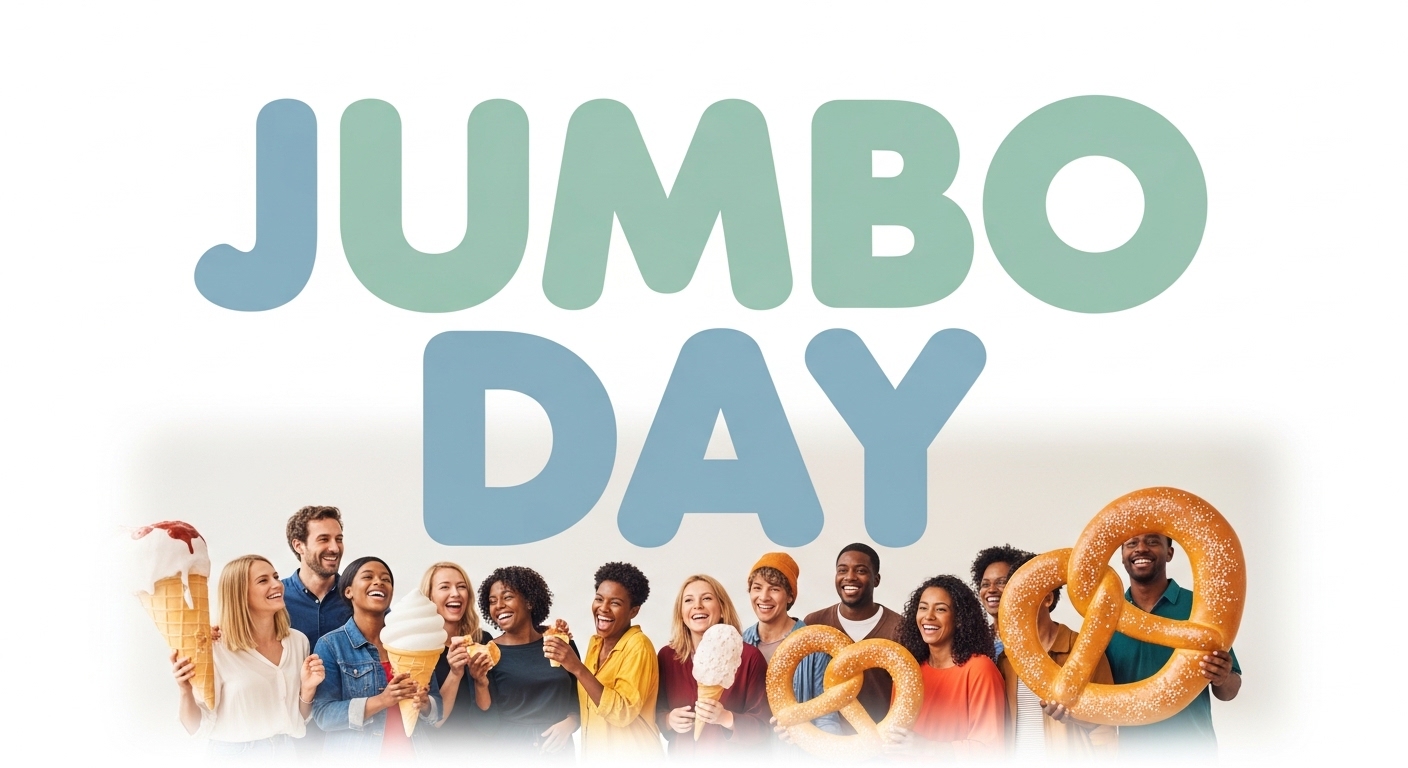 Jumbo Day Celebration: Diverse Happy Group Enjoying Giant Ice Cream Cones & Pretzels - Feature Image Apr 231