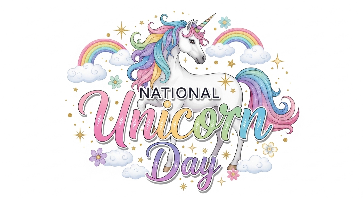National Unicorn Day Graphic with Rainbow Unicorn and Sparkle Elements - Feature Image Apr 238