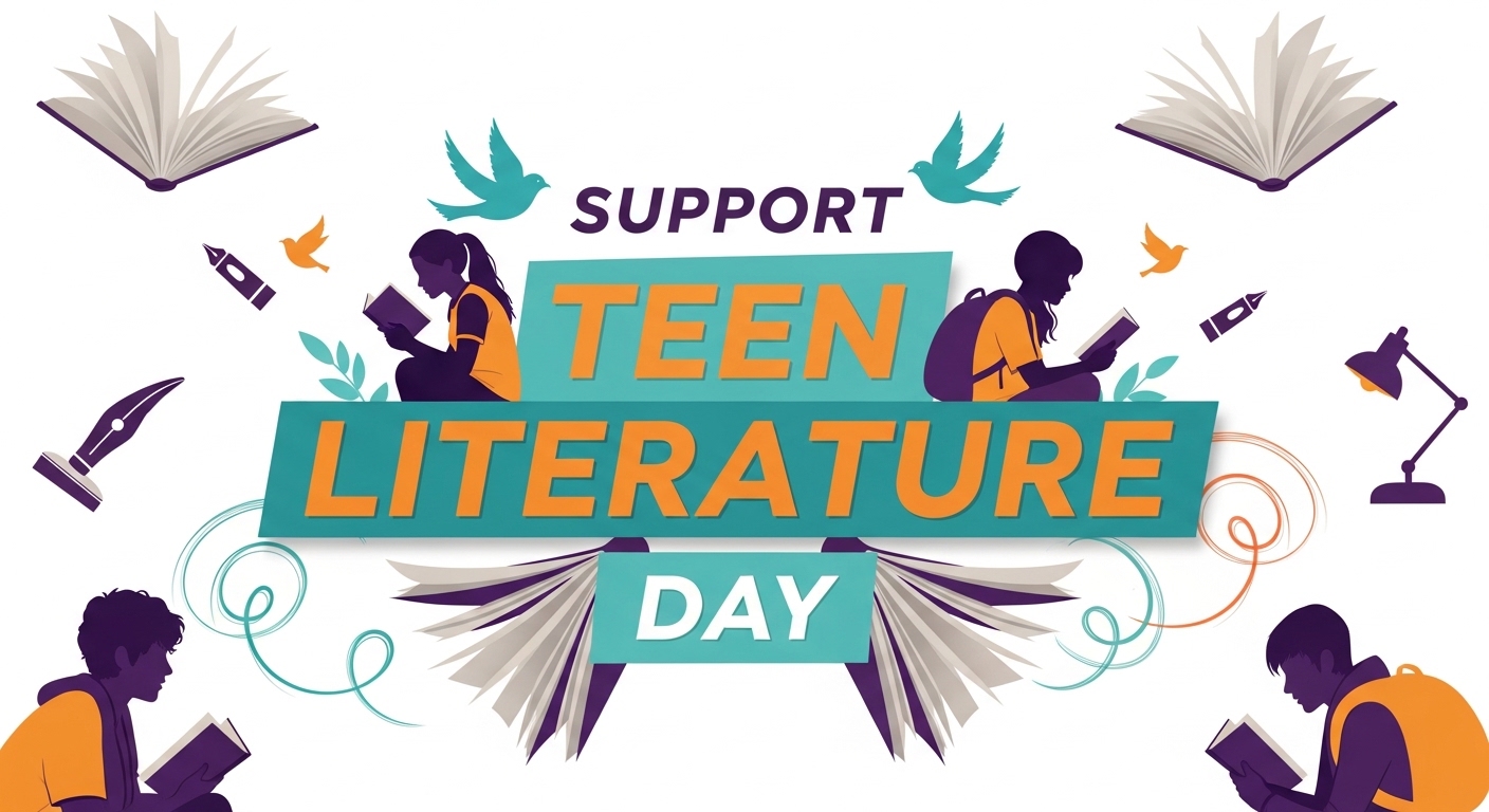 Support Teen Literature Day illustration with young readers, books, and educational elements - Feature Image Apr 239