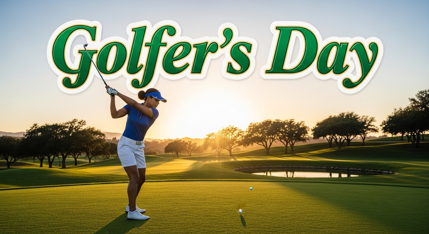 Woman Golfer on Lush Green Course with Golfer's Day Celebration Text at Sunset - Feature Image Apr 245