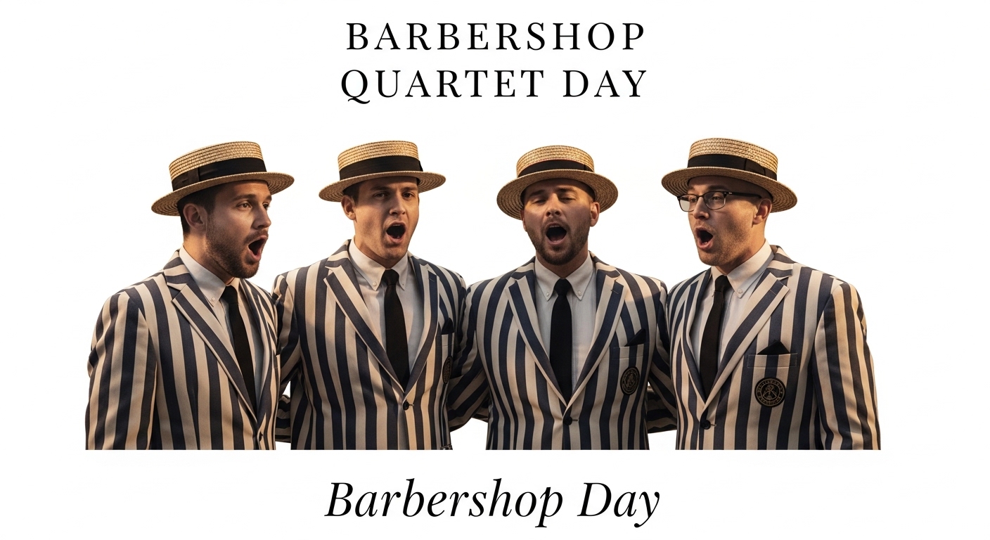 Barbershop Quartet Performance. Four Men in Striped Blazers & Boater Hats Singing Classic Harmony. - Feature Image Apr 259