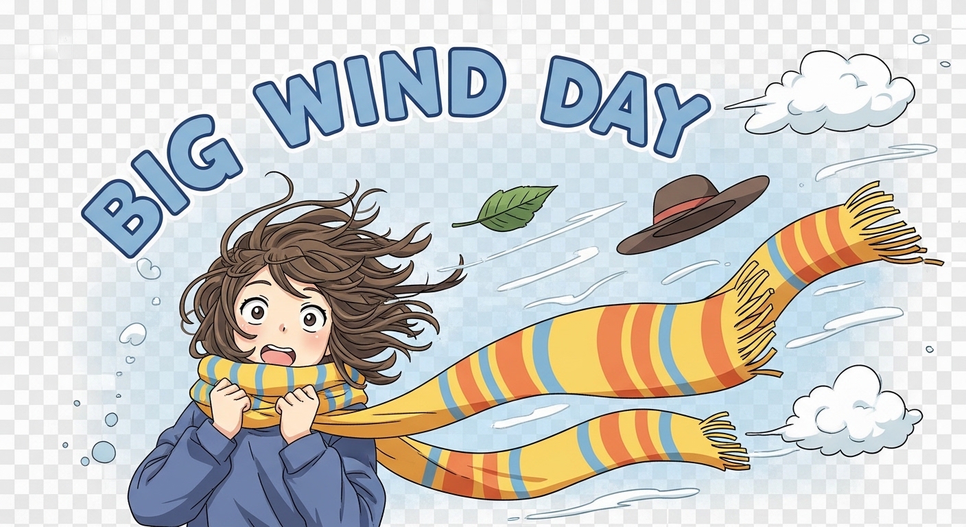 Windy Day Cartoon: Person's scarf and hat flying in strong gusts, messy hair. - Feature Image Apr 271