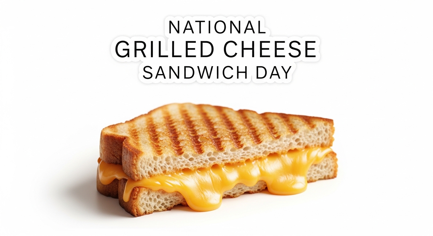 National Grilled Cheese Sandwich Day. Golden Toasted Bread with Melted Yellow Cheese on White - Feature Image Apr 278