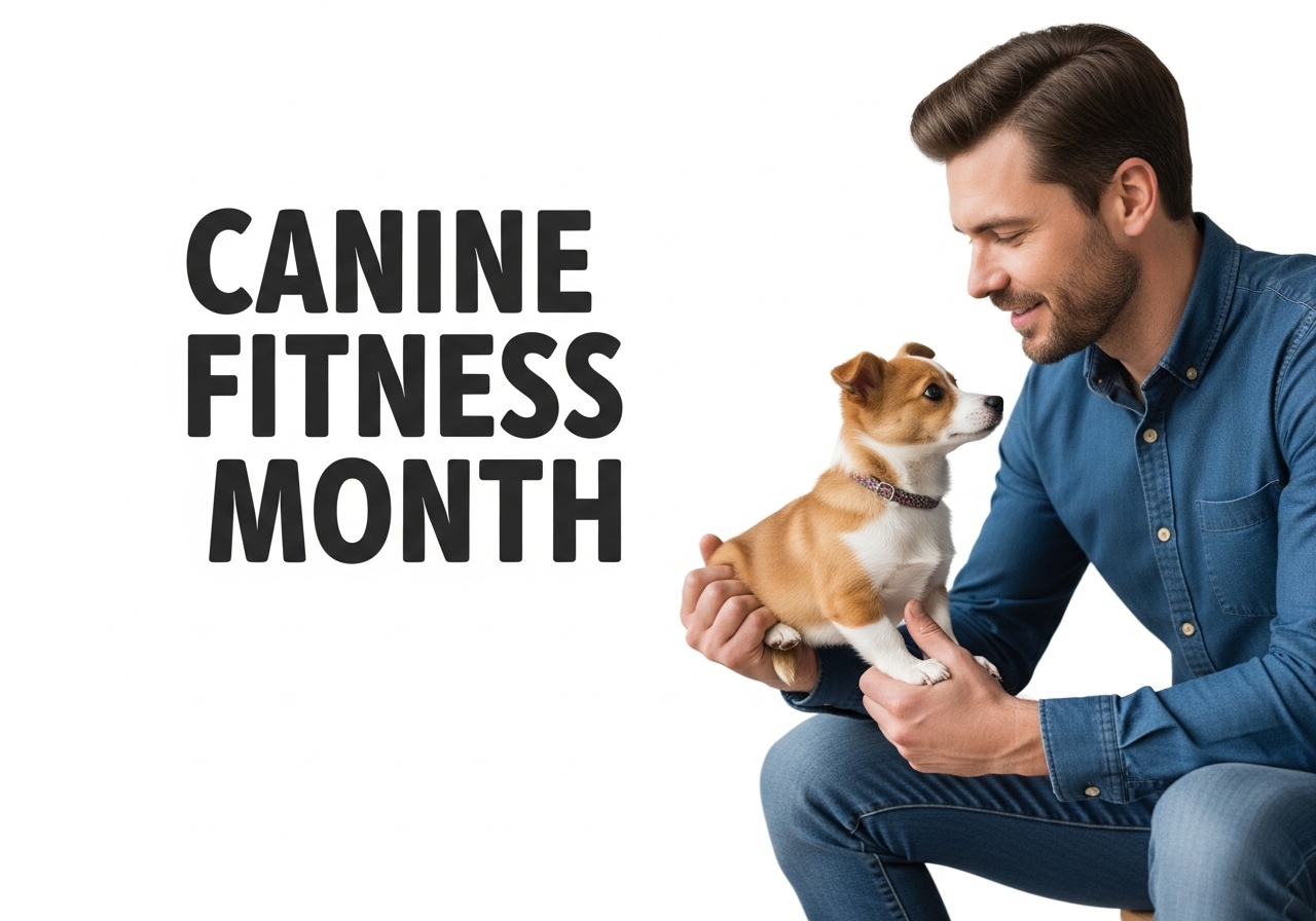 Man holding a puppy for Canine Fitness Month awareness campaign - Feature Image Apr 30