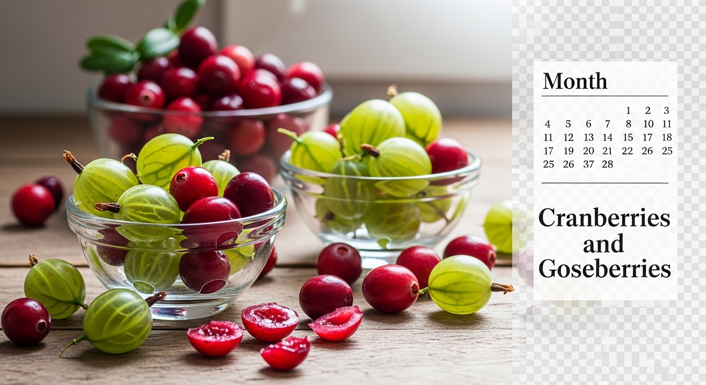 Vibrant Cranberries and Gooseberries in Glass Bowls on Rustic Wood - Feature Image Apr 35