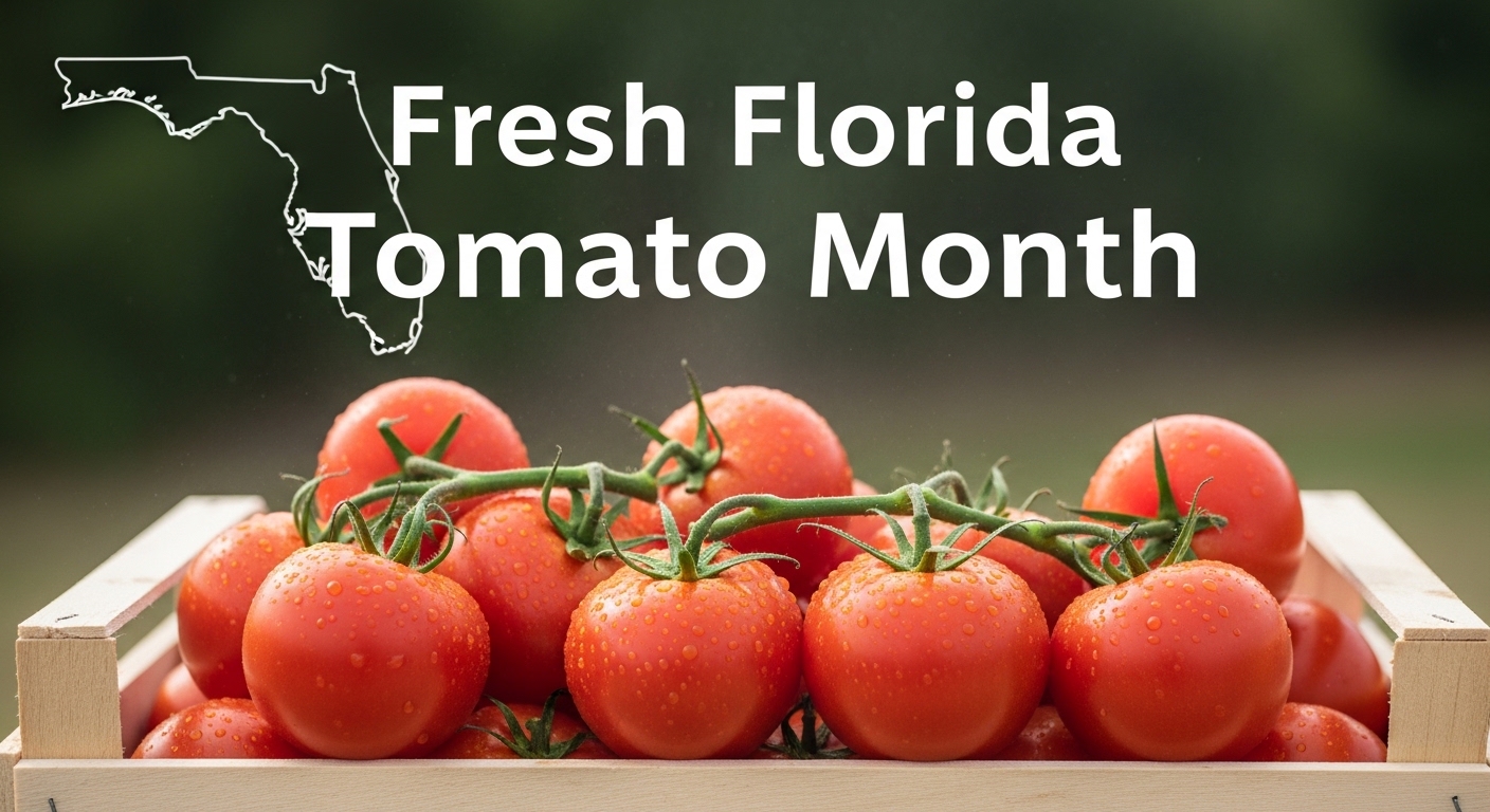 Fresh Florida Tomato Month. Ripe Red Tomatoes on Vine in Wooden Crate with Water Droplets - Feature Image Apr 42